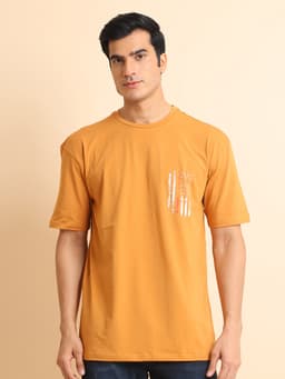 PRINTED STRETCHABLE OVERSIZE ROUND NECK HALF SLEEVE TSHIRT - MUDBROWN