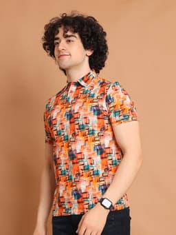 DIGITAL PRINTED PREMIUM STRETCHABLE POLO NECK HALF SLEEVE TSHIRT - ORANGE