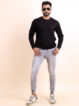 BASIC PREMIUM LOOPKNIT FULL SLEEVE ROUND NECK SWEAT SHIRT - BLACK