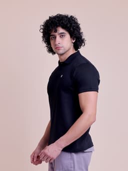 PREMIUM POLO NECK HALF SLEEVE RIB T-SHIRT-BLACK