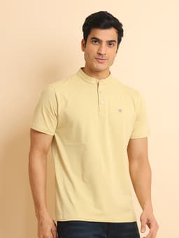 BASIC STRETCHABLE MANDARIN COLLAR HALF SLEEVE TSHIRT - BEIGE