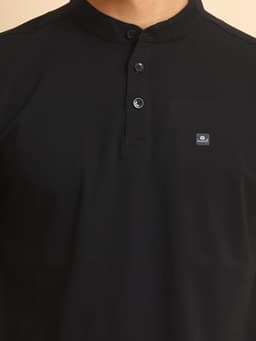 BASIC STRETCHABLE MANDARIN COLLAR HALF SLEEVE TSHIRT - BLACK
