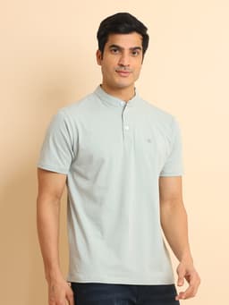 BASIC STRETCHABLE MANDARIN COLLAR HALF SLEEVE TSHIRT - GREY