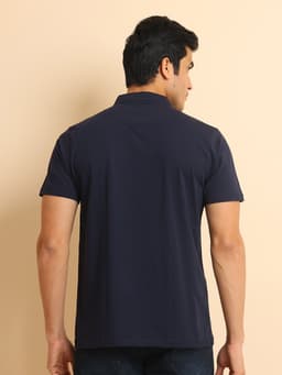 BASIC STRETCHABLE MANDARIN COLLAR HALF SLEEVE TSHIRT - NAVY