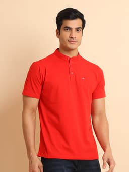 BASIC STRETCHABLE MANDARIN COLLAR HALF SLEEVE TSHIRT - RED
