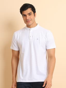 BASIC STRETCHABLE MANDARIN COLLAR HALF SLEEVE TSHIRT - WHITE
