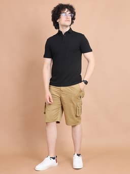 BASIC STRETCHABLE POLO NECK HALF SLEEVE TSHIRT - BLACK