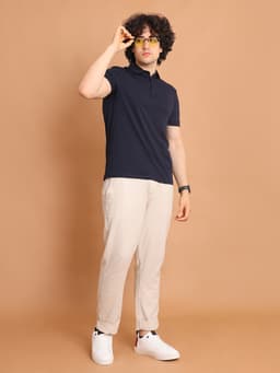 BASIC STRETCHABLE POLO NECK HALF SLEEVE TSHIRT - NAVY