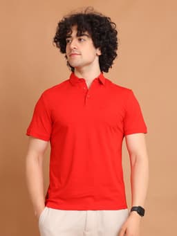 BASIC STRETCHABLE POLO NECK HALF SLEEVE TSHIRT - RED
