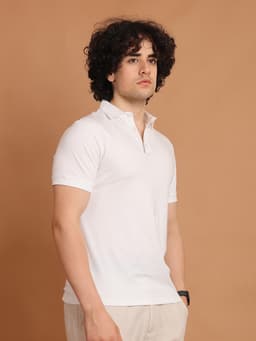 BASIC STRETCHABLE POLO NECK HALF SLEEVE TSHIRT - WHITE