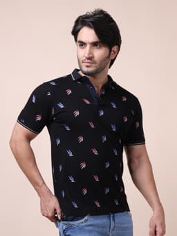 FASHION REGULAR FIT PREMIUM MERCERISED PRINTED POLO NECK HALF SLEEVE TSHIRT - BLACK