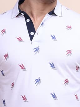 FASHION REGULAR FIT PREMIUM MERCERISED PRINTED POLO NECK HALF SLEEVE TSHIRT - WHITE