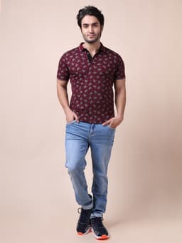 FASHION REGULAR FIT PREMIUM MERCERISED PRINTED POLO NECK HALF SLEEVE TSHIRT - PLUM