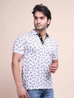 FASHION REGULAR FIT PREMIUM MERCERISED PRINTED POLO NECK HALF SLEEVE TSHIRT - WHITE