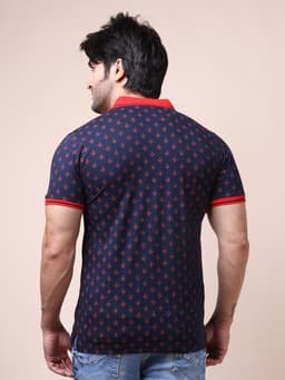 FASHION REGULAR FIT PREMIUM MERCERISED PRINTED POLO NECK HALF SLEEVE TSHIRT - NAVY