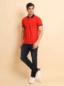 FASHION REGULAR FIT PREMIUM MERCERISED PRINTED POLO NECK HALF SLEEVE TSHIRT WITH POCKET - RED