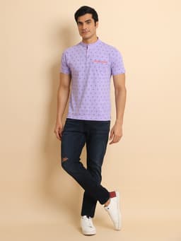 FASHION REGULAR FIT PREMIUM PRINTED MANDARIN COLLAR HALF SLEEVE TSHIRT WITH BONE POCKET - LAVENDER