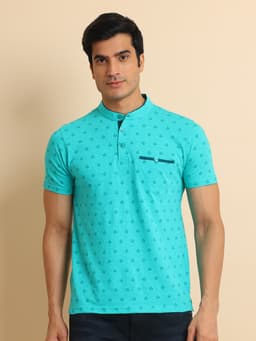 FASHION REGULAR FIT PREMIUM PRINTED MANDARIN COLLAR HALF SLEEVE TSHIRT WITH BONE POCKET - SEAGREEN