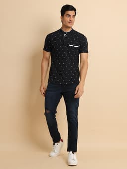 FASHION REGULAR FIT PREMIUM PRINTED MANDARIN COLLAR HALF SLEEVE TSHIRT WITH BONE POCKET - BLACK