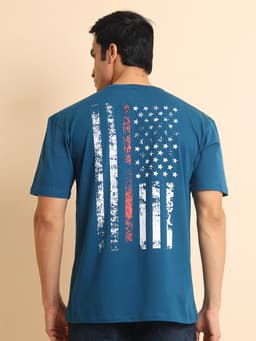 PRINTED STRETCHABLE OVERSIZE ROUND NECK HALF SLEEVE TSHIRT - PETROL