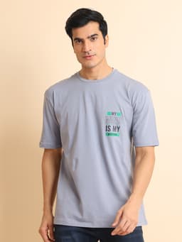PRINTED STRETCHABLE OVERSIZE ROUND NECK HALF SLEEVE TSHIRT - STEELGREY