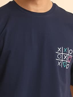 PRINTED STRETCHABLE OVERSIZE ROUND NECK HALF SLEEVE TSHIRT - NAVY