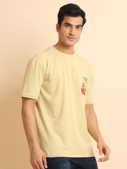 PRINTED STRETCHABLE OVERSIZE ROUND NECK HALF SLEEVE TSHIRT - BEIGE