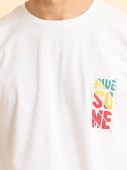 PRINTED STRETCHABLE OVERSIZE ROUND NECK HALF SLEEVE TSHIRT - OFFWHITE