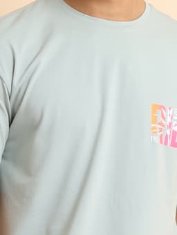 PRINTED STRETCHABLE OVERSIZE ROUND NECK HALF SLEEVE TSHIRT - GREY