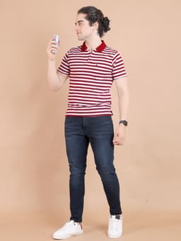 STRIPE POLO NECK HALF SLEEVE TSHIRT - RED