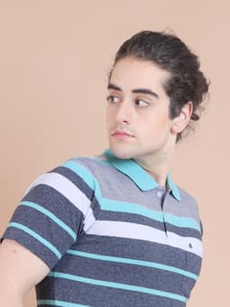 STRIPE POLO NECK HALF SLEEVE TSHIRT - GREYMELANGE