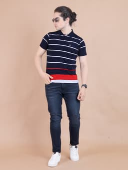 STRIPE POLO NECK HALF SLEEVE TSHIRT - NAVY