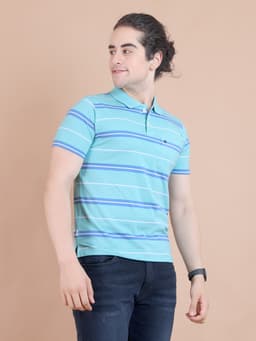 STRIPE POLO NECK HALF SLEEVE TSHIRT - SKYBLUE