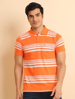 STRIPE POLO NECK HALF SLEEVE TSHIRT - ORANGE