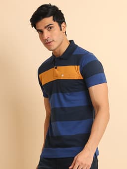 STRIPE POLO NECK HALF SLEEVE TSHIRT - NAVYSTRIPE
