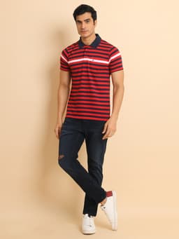STRIPE POLO NECK HALF SLEEVE TSHIRT - REDSTRIPE