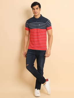 STRIPE POLO NECK HALF SLEEVE TSHIRT - NAVYREDSTRIPE