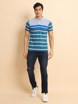 STRIPE POLO NECK HALF SLEEVE TSHIRT - GREYBOTTLEGREEN