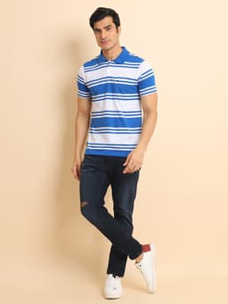 STRIPE POLO NECK HALF SLEEVE TSHIRT - WHITEBLUE