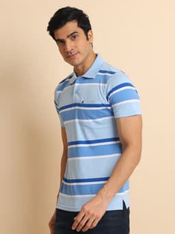 STRIPE POLO NECK HALF SLEEVE TSHIRT - IRISBLUE
