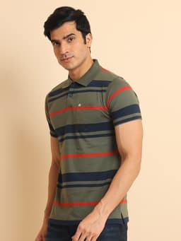 STRIPE POLO NECK HALF SLEEVE TSHIRT - PESTELOLIVE