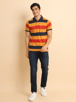 STRIPE POLO NECK HALF SLEEVE TSHIRT - PAPAYA