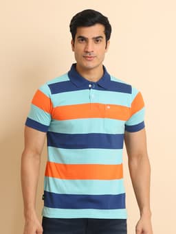 STRIPE POLO NECK HALF SLEEVE TSHIRT - ELECTRICBLUE
