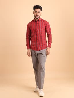 BASIC CHECKS COTTON FULL SLEEVE SHIRT-RED