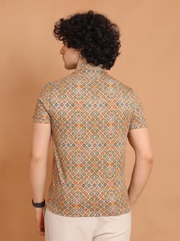 DIGITAL PRINTED PREMIUM STRETCHABLE POLO NECK HALF SLEEVE TSHIRT - BEIGE
