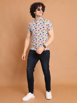 DIGITAL PRINTED PREMIUM STRETCHABLE POLO NECK HALF SLEEVE TSHIRT - GREY