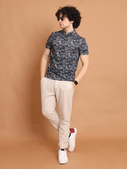 DIGITAL PRINTED PREMIUM STRETCHABLE POLO NECK HALF SLEEVE TSHIRT - NAVY