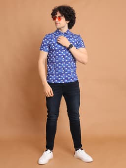 DIGITAL PRINTED PREMIUM STRETCHABLE POLO NECK HALF SLEEVE TSHIRT - DEEPBLUE