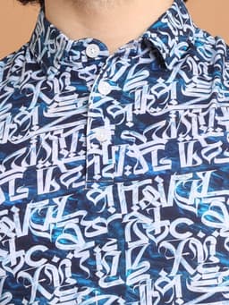 DIGITAL PRINTED PREMIUM STRETCHABLE POLO NECK HALF SLEEVE TSHIRT - WHITEBLUE