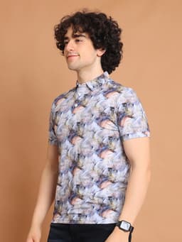 DIGITAL PRINTED PREMIUM STRETCHABLE POLO NECK HALF SLEEVE TSHIRT - BLUEPEACH